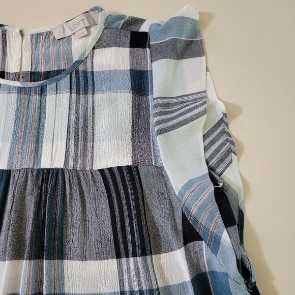 Loft Blue Plaid Rayon Sleeveless Ruffle Blouse - Picture 10 of 16